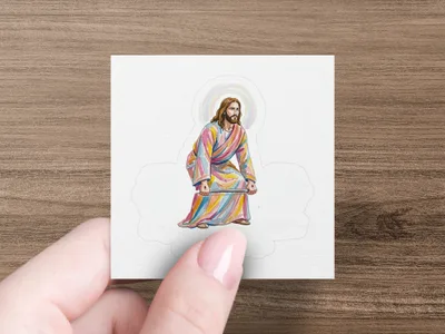 Jesus in colorful robes carrying a staff and glowing halo.