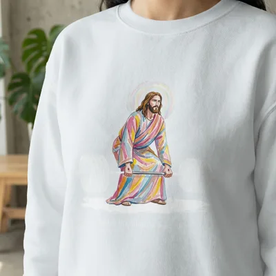 Jesus lifting weights with rainbow robe and halo, text reads "Jesus, the Ultimate Athlete".