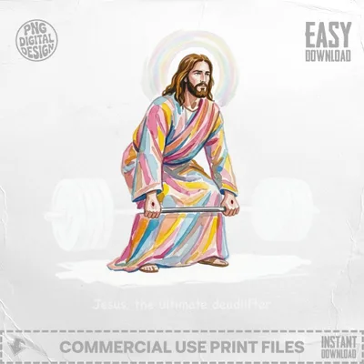 Jesus in a colorful robe lifts a barbell with a halo.