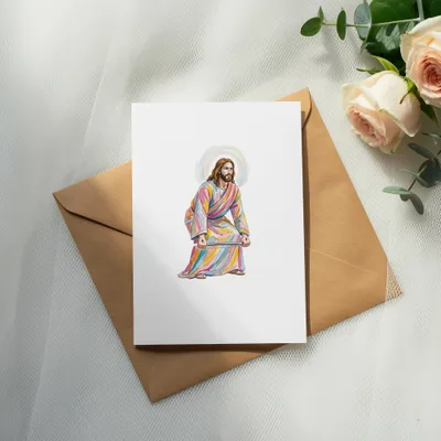 Illustration of Jesus in a colorful robe holding a cross.