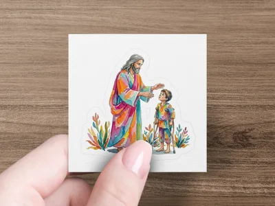 Jesus in colorful robes blesses a child with crutches.