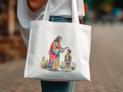 Jesus in colorful robes blesses a child with crutches on a tote bag.
