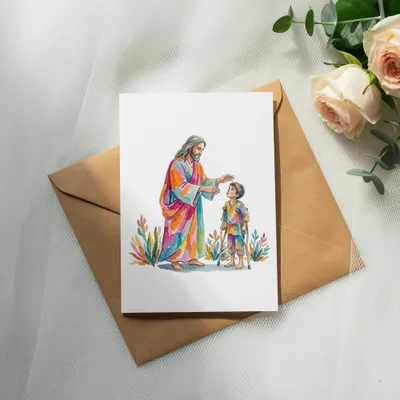 Jesus with a disabled child holding crutches, on a card.
