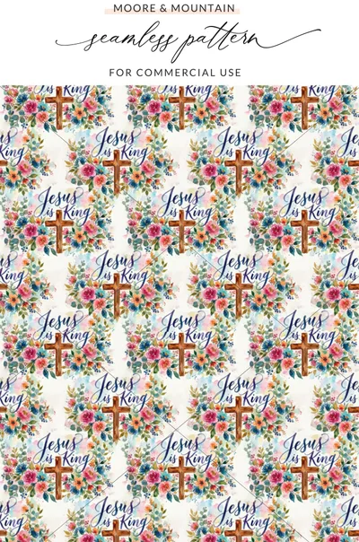 Jesus King Floral Cross Watercolor Seamless Pattern product type
Jesus is King
Christian pattern
Religious seamless
Floral cross design
Watercolor art
Faith fabric
Hope textile
Spiritual print
Divine imagery
Easter design
Worship art
Christian art
King of Kings
God's love
Sacred pattern
Inspirational print
Holy design
Rose pattern
Cross pattern
Seamless repeat