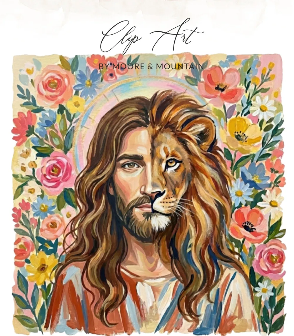 Jesus and lion hybrid portrait surrounded by colorful flowers, Clip Art by Moore & Mountain.