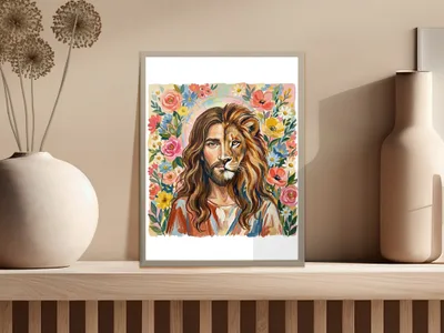 Painting of Jesus with a lion's face, surrounded by flowers.