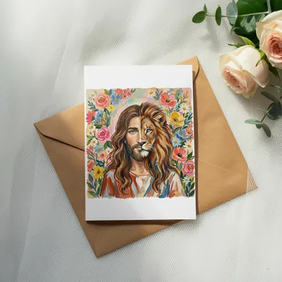 Jesus Christ with lion's mane on greeting card with flowers.