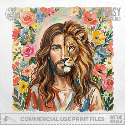 Jesus's face half human, half lion, surrounded by colorful flowers.