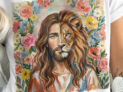 Jesus with half his face as a lion, surrounded by flowers.