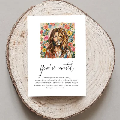 Invitation with Jesus illustration and placeholder text.