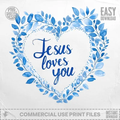 Heart-shaped blue watercolor wreath with "Jesus loves you" text.