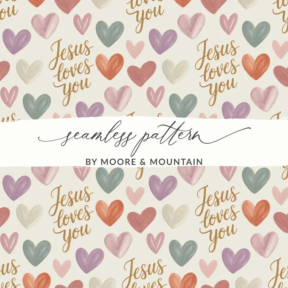 Jesus Loves You Digital Seamless Pattern, Hearts Pattern, Religious Scrapbook Paper, Christian Fabric Design, Digital Paper Download - Moore and Mountain