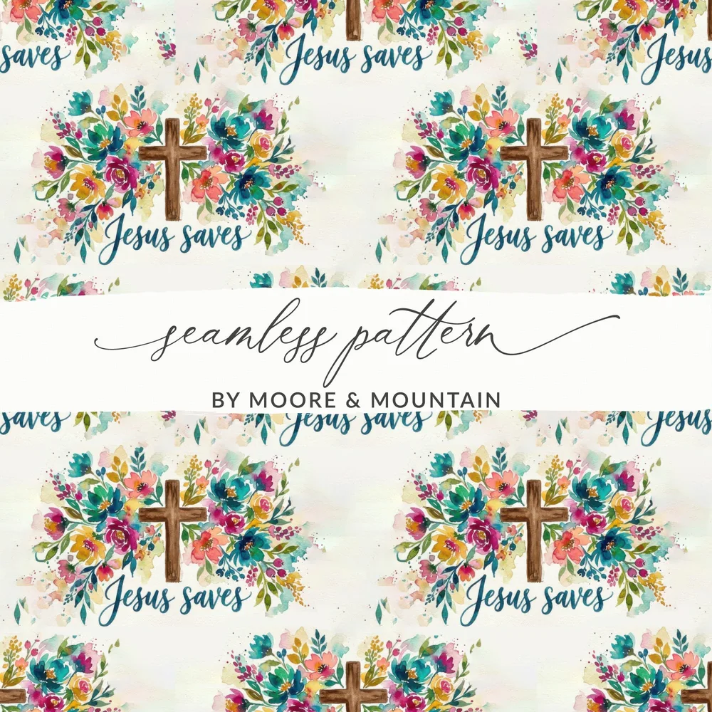 Moore & Mountain Jesus Saves Floral Cross Seamless Pattern product type
Jesus Saves
Christian Pattern
Religious Design
Faith Art
Watercolor Floral
Floral Cross
Seamless Repeat
Digital Paper
Fabric Print
Scripture Art
Hope Theme
Colorful Flowers
Teal Pink Yellow
Worship Decor
Spiritual Gift
Cross Design
Divine Love
Inspirational Art
Moore Mountain
Flower Pattern