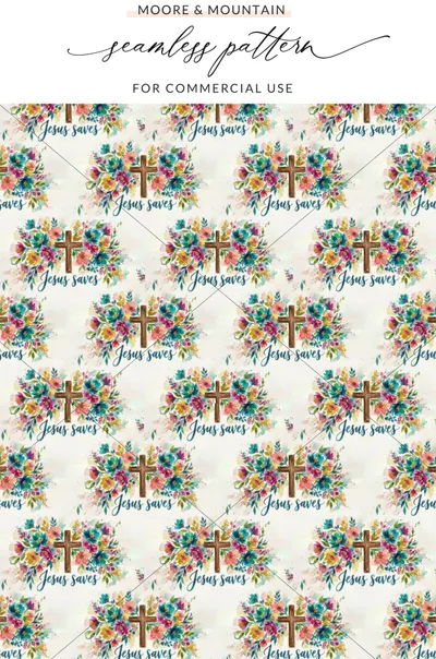 Seamless Watercolor Jesus Saves Cross Floral Design product type