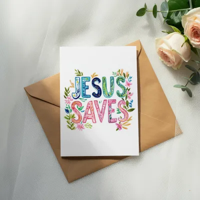 Card with "Jesus Saves" in colorful watercolor letters on a brown envelope.