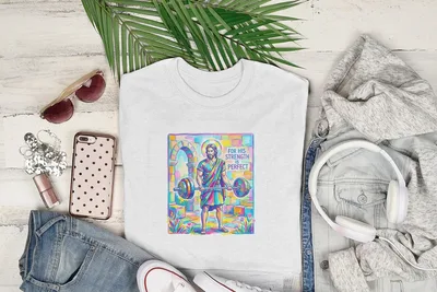 T-shirt with Jesus lifting weights, text "For his strength is perfect."