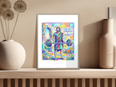 Jesus lifting weights, text "For His Strength Is Perfect".