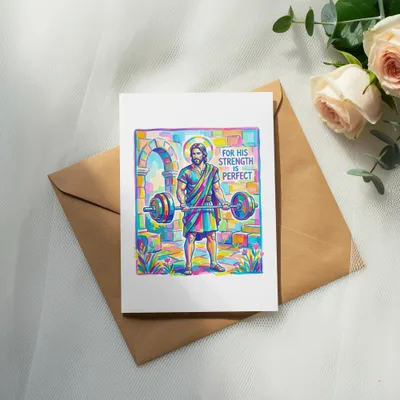 Jesus lifting a colorful barbell with "For His Strength is Perfect" text.