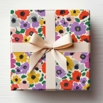 Colorful Floral Gift Box with Cream Ribbon Gift Wrap