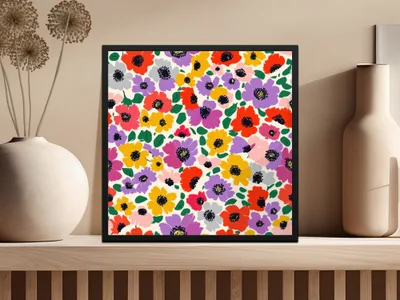 Colorful Floral Pattern Art Print in Black Frame