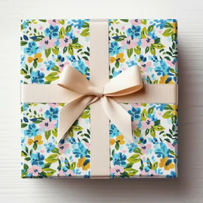 Gift-wrapped box with blue, pink, and yellow floral pattern and beige ribbon.