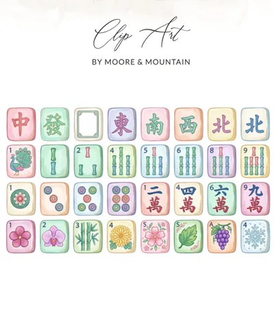 Kawaii Mahjong Tile Clipart Bundle Digital Download | Cute Pastel Mahjong Tiles Game Pieces Art | Asian Inspired Mahjong PNG Set