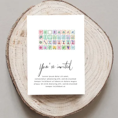 Invitation with Mahjong tiles and "You're invited" text.