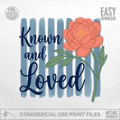 "Known and Loved" text with a coral peony flower on a blue striped background.