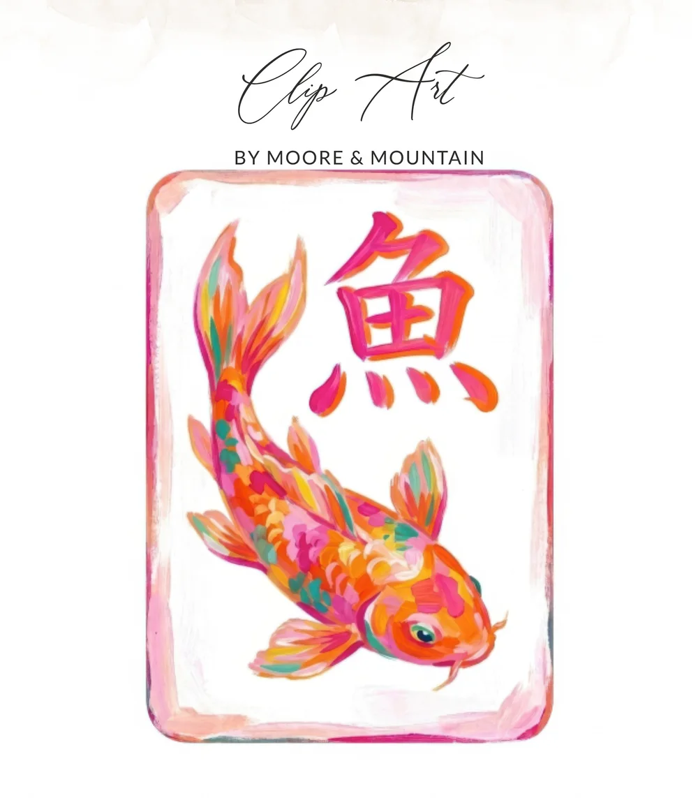Koi Fish Mahjong Tile Digital Print, Preppy Chinoiserie Wall Art PNG Clipart, Colorful Dopamine Decor Japanese Fish Printable Download