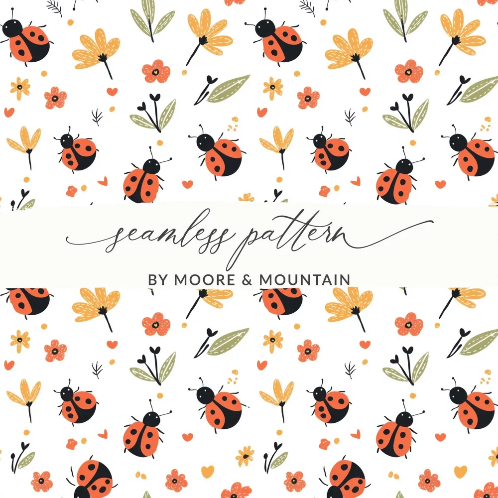 Ladybug Digital Pattern, Seamless Flower Pattern, Insect Pattern, Scrapbook Paper, Fabric Design, Cute Bug Repeat Pattern, Kawaii - Moore and Mountain