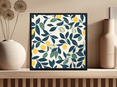 Lemon Digital Paper, Dark Blue Leaves Pattern, Printable Lemon Seamless Pattern, Yellow Citrus Print, Summer Digital, Food Pattern - Moore and Mountain
