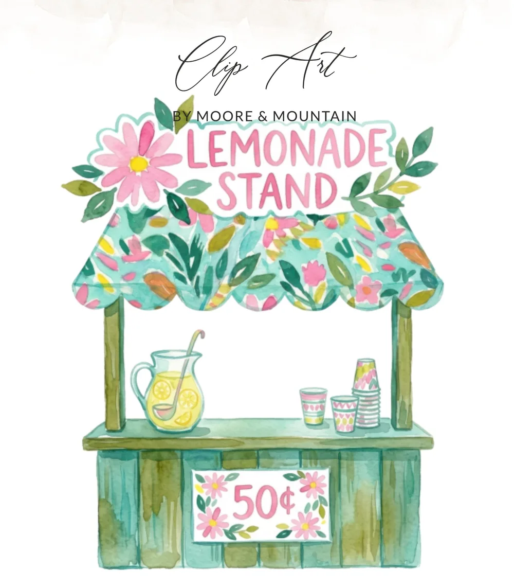 Watercolor lemonade stand with floral pattern and 50 cent sign.