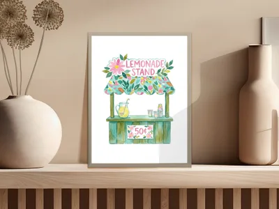 Watercolor illustration of a lemonade stand with "Lemonade Stand" text and "50¢" price.