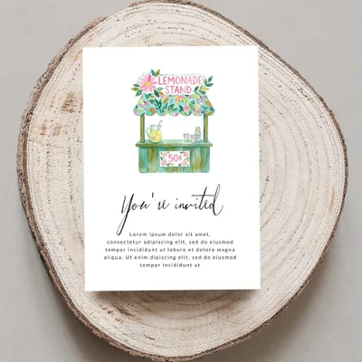 Lemonade stand invitation with floral accents and placeholder text.