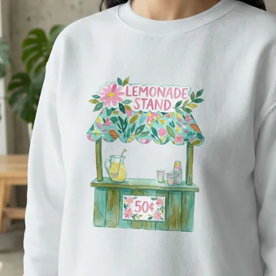 Watercolor lemonade stand illustration with "LEMONADE STAND" text and 50 cent sign.