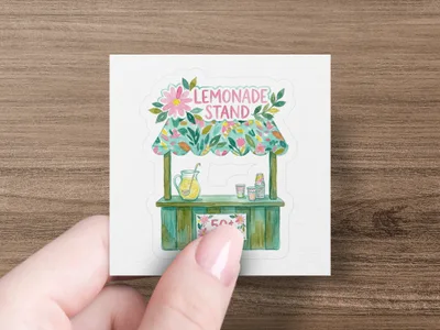 Lemonade stand with "LEMONADE STAND" text, pitcher, and cups.