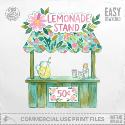 Watercolor lemonade stand with "Lemonade Stand" sign and 50 cent price.