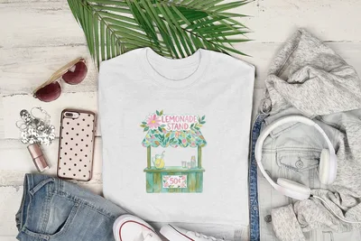Watercolor lemonade stand with flowers, featuring "50¢" price.