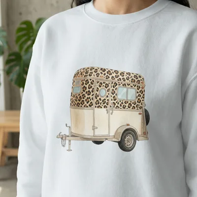 White sweatshirt with leopard print trailer graphic.