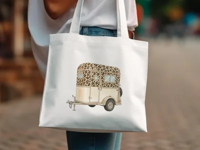 Tote bag with leopard print horse trailer design.