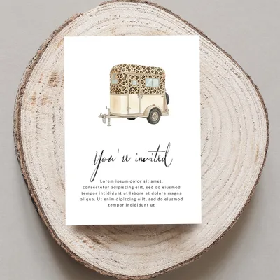 Invitation with text and illustration of a horse trailer.