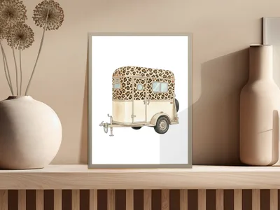 Leopard print horse trailer art print on a shelf with vases.