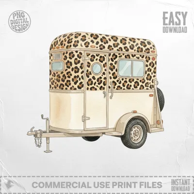 Watercolor illustration of a horse trailer with leopard print accents.
