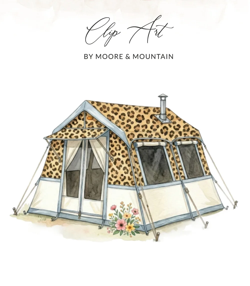Leopard print tent with floral accents and "Clip Art" text.