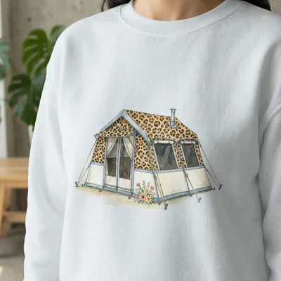 Leopard print canvas tent with flowers and windows.