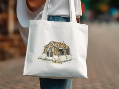 White tote bag with a watercolor illustration of a leopard print tent and flowers.