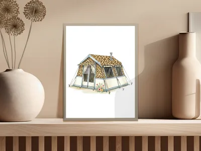 Watercolor illustration of a leopard-print canvas tent with blooming flowers.