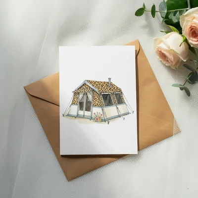 Illustration of a safari tent with leopard print fabric on an envelope.