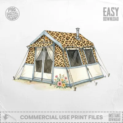 Tent with leopard print roof and floral accents, easy download.