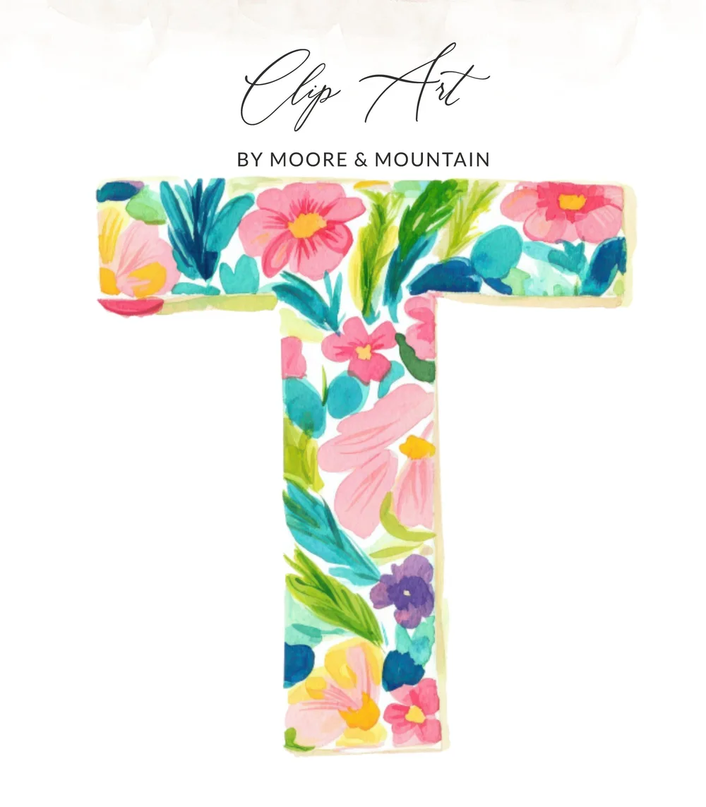 Floral letter T clip art with "Clip Art" and "BY MOORE & MOUNTAIN" text.